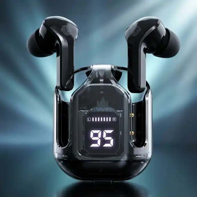 Wireless Noise Cancelling Earbuds | Bluetooth 5.3 TWS Earphones – Black Transparent (White)